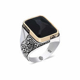Silver Black Stone Rectangular Men's Ring